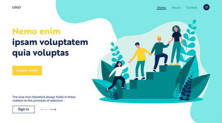 Happy young employees giving support and help each other flat vector illustration. Business team working together for success and growing. Corporate relations and cooperation concept.