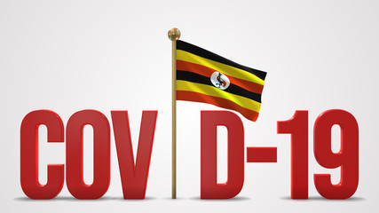 Uganda realistic 3D flag and Covid-19 illustration.