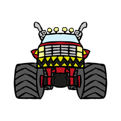 Cartoon monster truck icon. Car on big wheels. Front view. Hand drawn vector graphic illustration. Isolated object on a white background. Isolate.