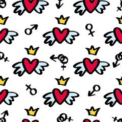 Obraz na płótnie Canvas Girly seamless pattern with Fashion elements heart with wings and crown, man and woman sign. Vector trendy illustration for notebook, textile, wallpaper, tshirt in doodle cartoon style.