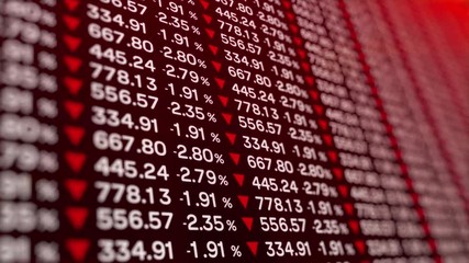 This stock motion graphics video shows a virtual display of financial stock market trading board with falling quotes. - Powered by Adobe