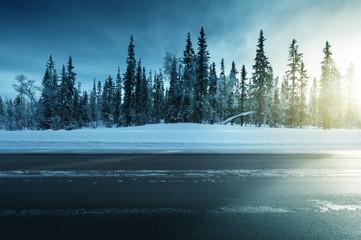 road in winter forest, sunset time - Powered by Adobe
