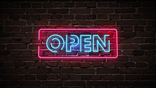 3D Rendering Open Neon Sign with a Brick Wall Background