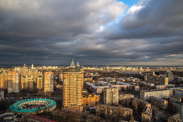 Dramatic red sunset city view of Kyiv (Kiev) Ukraine