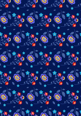 Seamless floral pattern on a blue background. Elegant template for fashion prints. Modern floral background. Fashionable folk style. Vector flat graphics.