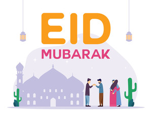 islamic design illustration concept for Happy eid mubarak or ramadan greeting with people character