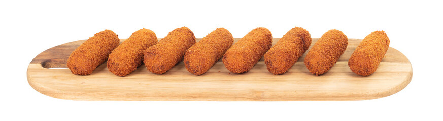 Brown crusty dutch kroketten on a serving tray isolated