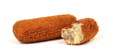 Partly eaten brown crusty dutch kroket isolated