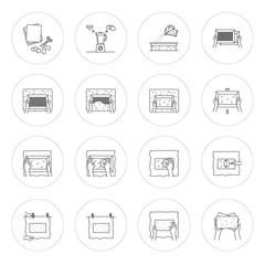 Vector illustration.Thin line icons of hand papermaking process. Related for logo, instruction, handmade paper workshop. Including mould and deckle, pulp, slurry, pressing, drying. Linear symbols set