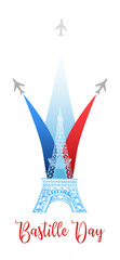 Eiffel tower and airplanes with French national flag. Bastille Day design template. Hand drawn vector sketch illustration
