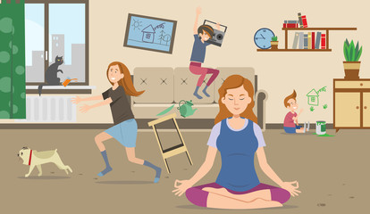 Calm peaceful mother meditating in lotus pose while mischievous naughty children and pet making chaos in room. Vector illustration for stress relief, isolation, parenthood concept