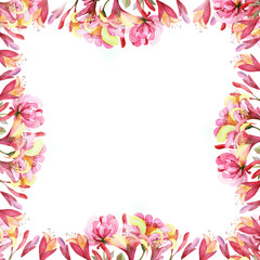 Watercolor hand painted nature floral squared border frame with pink blossom honeysuckle flowers composition on the white background for invitation and greeting card with the space for text