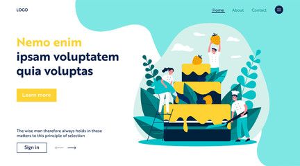 Pastry chefs cooking big birthday cake. Bakers decorating dessert with pink glaze and berries. Vector illustration for menu, bakery, confectionery concept