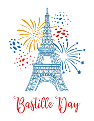 Fototapeta na wymiar Eiffel tower and fireworks. Bastille Day design template. Hand drawn vector sketch illustration