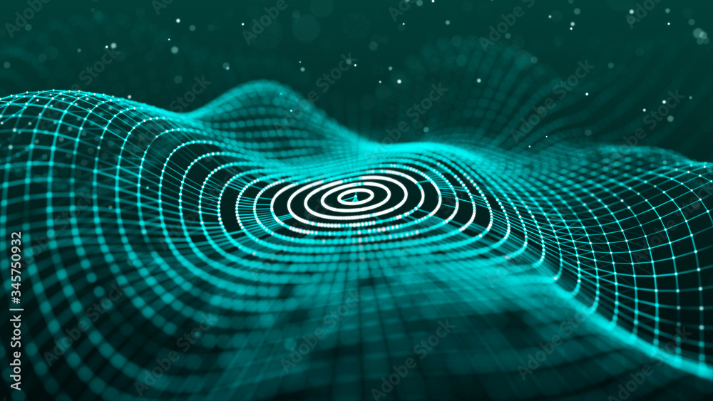 Poster abstract dynamic wave of points and lines. network of bright particles connected by lines. big data.