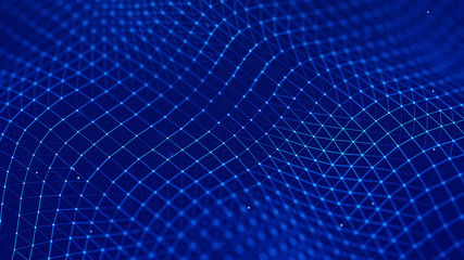Abstract dynamic wave of points and lines. Perspective grid. Big data. Network of particles. Digital background. 3d rendering.
