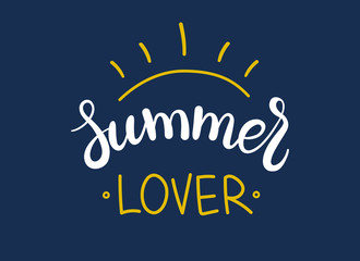 Naklejka na ściany i meble Handwritten Summer Lover phrase. Positive funny quote isolated on navy blue background with sun outline. Brush calligraphy style