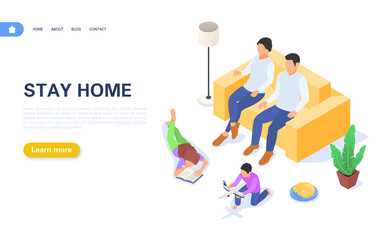 Banner concept stay home. The family is at home in self-isolation or quarantine. Compliance with recommendations to prevent the spread of coronavirus.