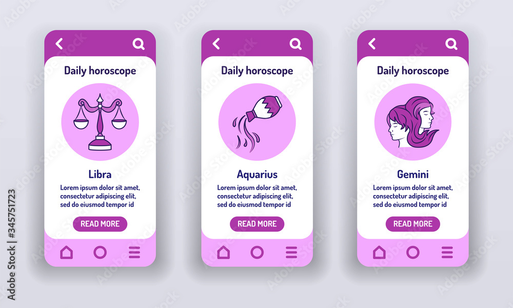 Wall mural daily horoscope on mobile app onboarding screens. predictions and human character. elements air. ban
