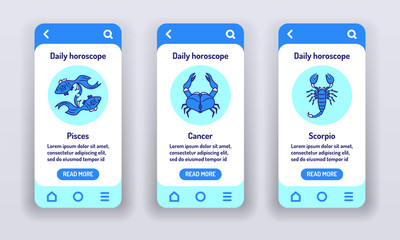 Daily horoscope on mobile app onboarding screens. Predictions and human character. Elements water. Banners for website on blue background and mobile kit development. UI UX GUI template.