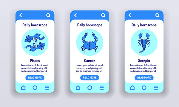 Daily horoscope on mobile app onboarding screens. Predictions and human character. Elements water. Banners for website on blue background and mobile kit development. UI UX GUI template.