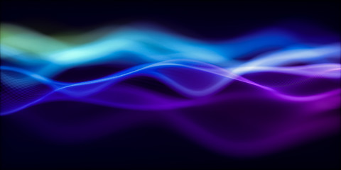 Abstract Wavy Mesh Surface on Dark Background. Science or Technology Banner. Space Cyber Background. Particles with Depth of Field Effect - 3D rendering.