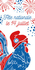 Gallic rooster in phrygian cap. Symbol of France and fireworks. Bastille Day design template. Title in French National celebration 14th of July. Hand drawn vector sketch illustration