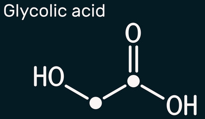 Glycolic acid, hydroacetic or hydroxyacetic acid, C2H4O3 molecule. It is alpha-hydroxy acid, AHA.  Skeletal chemical formula on the dark blue background