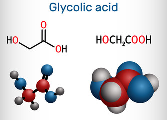 Glycolic acid, hydroacetic or hydroxyacetic acid, C2H4O3 molecule. It is alpha-hydroxy acid, AHA.  Structural chemical formula and molecule model