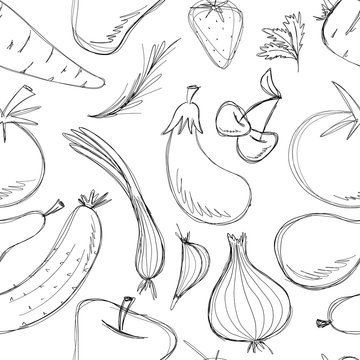 Seamless Pattern Hand Drawn Vegetables and Fruits Set. Collection of food sketch. Vector illustration isolated on white. Freehand drawing fruits and vegetables. Black white set healthy food
