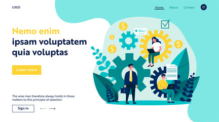 Teamwork strategy for office flat vector illustration. Tiny people with computers seating at big cogwheel. Organization, business mechanism and company mission concept.