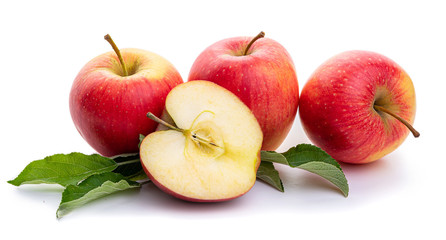 Apples Red apples and green leaves. Isolate on a white background.