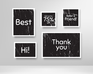 Best, 75% discount and refer friend. Black photo frames with scratches. Thank you phrase. Sale shopping text. Grunge photo frames. Images on wall, retro memory album. Realistic photograph card. Vector