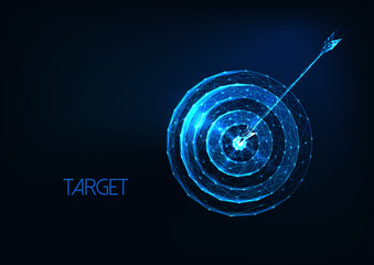 Futuristic success, goal concept with glowing low polygonal target and arrow