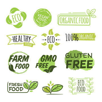 Eco and organic logo flat icon collection. Fresh, natural, gluten free food stamps vector illustration set. Vegan bio GMO free food. Nature and healthy products concept