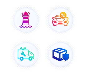 Car service, Lighthouse and Car leasing icons simple set. Button with halftone dots. Delivery insurance sign. Repair service, Searchlight tower, Transport discount. Parcel protection. Vector