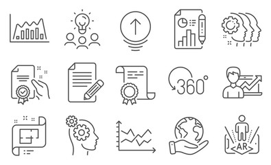 Set of Science icons, such as Thoughts, Employees teamwork. Diploma, ideas, save planet. Report document, Certificate, Architectural plan. Swipe up, Success business, Augmented reality. Vector