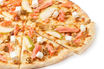 Pizza with salmon, feta cheese, walnuts and pear isolated on white background