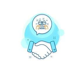 Christmas gift box sign. Handshake deal complex icon. New year present line icon. Surprise symbol. Agreement shaking hands banner. Gift sign. Vector