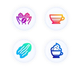 Pecan nut, Coffee and Mocha icons simple set. Button with halftone dots. Cappuccino cream sign. Vegetarian food, Roasted bean, Coffee cup. Food and drink set. Gradient flat pecan nut icon. Vector