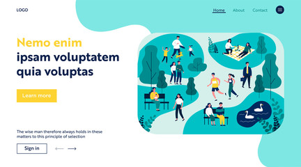 Naklejka premium People walking in park, jogging and eating at picnic flat vector illustration. Family playing with dog. Couple sitting at bench near pond and looking at swans. Summer and leisure concept