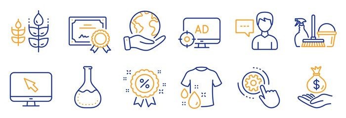 Set of Business icons, such as Internet, Cogwheel settings. Certificate, save planet. Person talk, Discount, Seo adblock. Income money, Wash t-shirt, Gluten free. Vector