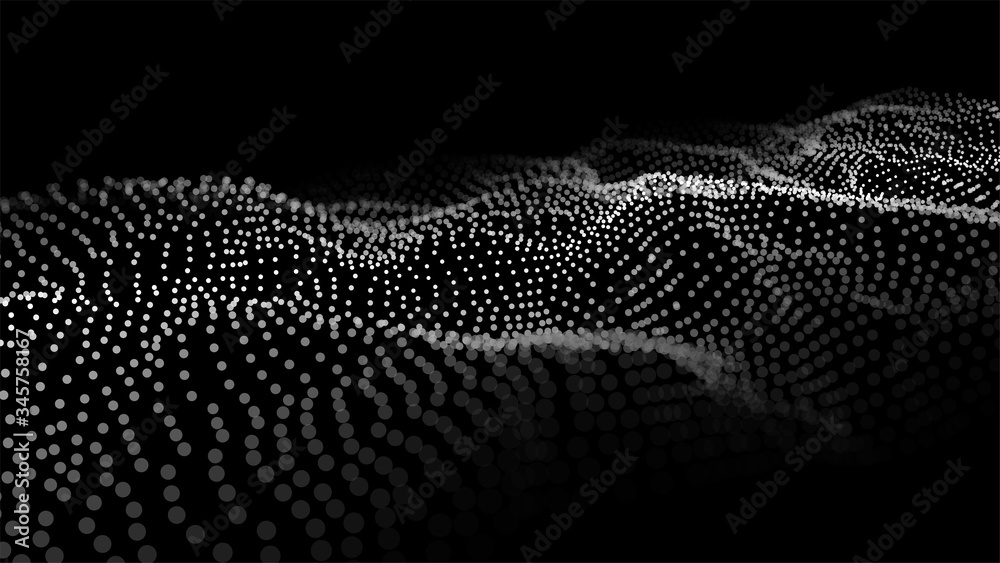 Poster Dynamic particles wave. White dots on black background. Digital landscape. Vector illustration.Big data visualization 3D.