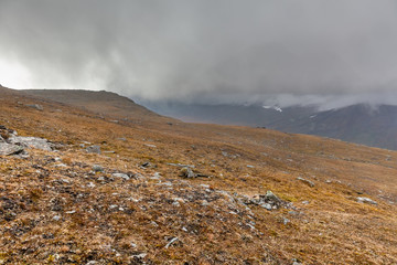 autumn view of Sarek National Park, Lapland, Norrbotten County, Sweden, near border of Finland, Sweden and Norway. selective focus