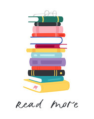 Cartoon hand drawn vector Illustration of books with calligraphy text. Lettering  quotes and drawing object for read lovers isolated on white background. Reading motivation for design, cards, posters