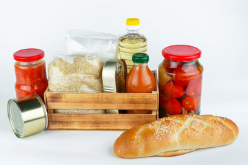 A set of long-term storage products on a white background. Food donations or food delivery concept