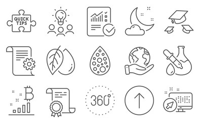 Set of Science icons, such as Web system, Mineral oil. Diploma, ideas, save planet. Quick tips, Night weather, Checked calculation. Swipe up, Artificial colors, Technical documentation. Vector