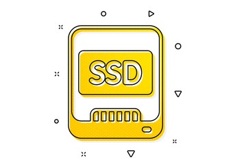 Computer memory component sign. Ssd icon. Data storage symbol. Yellow circles pattern. Classic ssd icon. Geometric elements. Vector