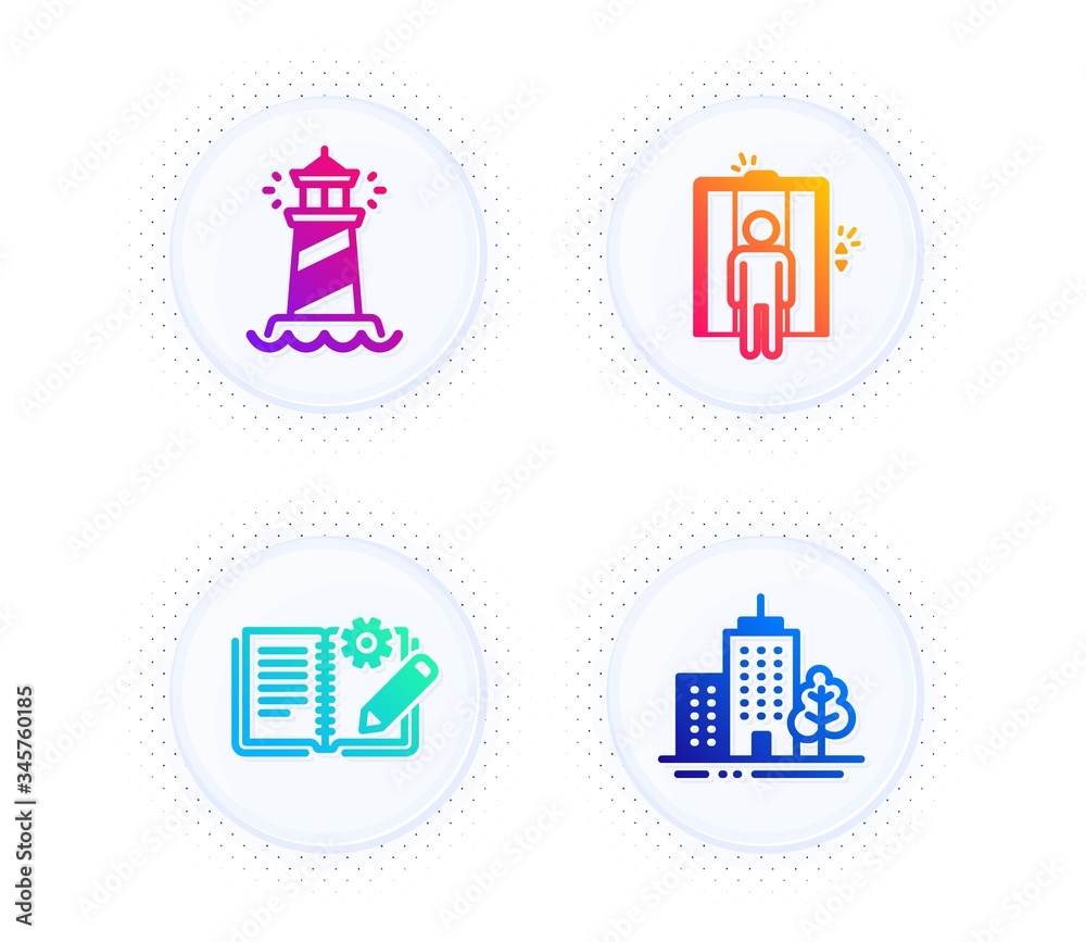 Aufkleber engineering documentation, elevator and lighthouse icons simple set. button with halftone dots. skys