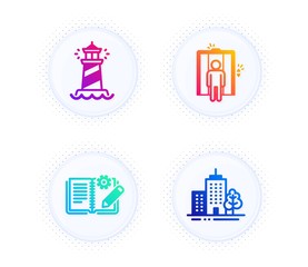 Engineering documentation, Elevator and Lighthouse icons simple set. Button with halftone dots. Skyscraper buildings sign. Manual, Lift, Searchlight tower. Town architecture. Industrial set. Vector